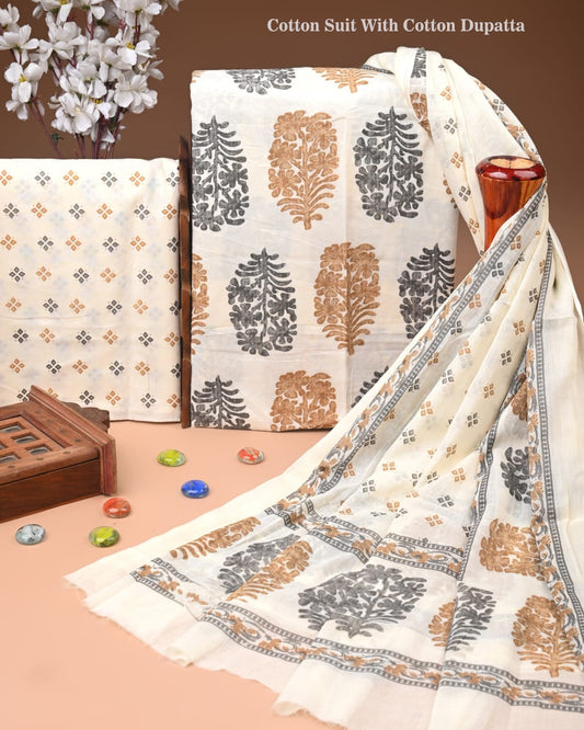 Designer Hand Block Print Cotton Suit Set with Mulmul Dupatta(WACOTMU96)