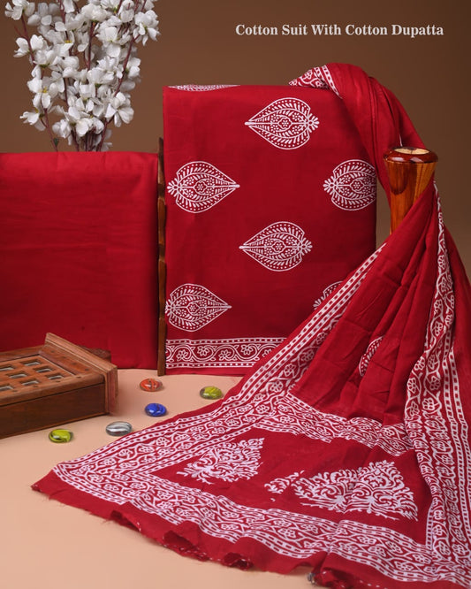 Designer Hand Block Print Cotton Suit Set with Mulmul Dupatta(WACOTMU155)