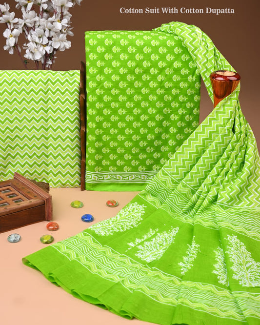 Designer Hand Block Print Cotton Suit Set with Mulmul Dupatta(WACOTMU158)