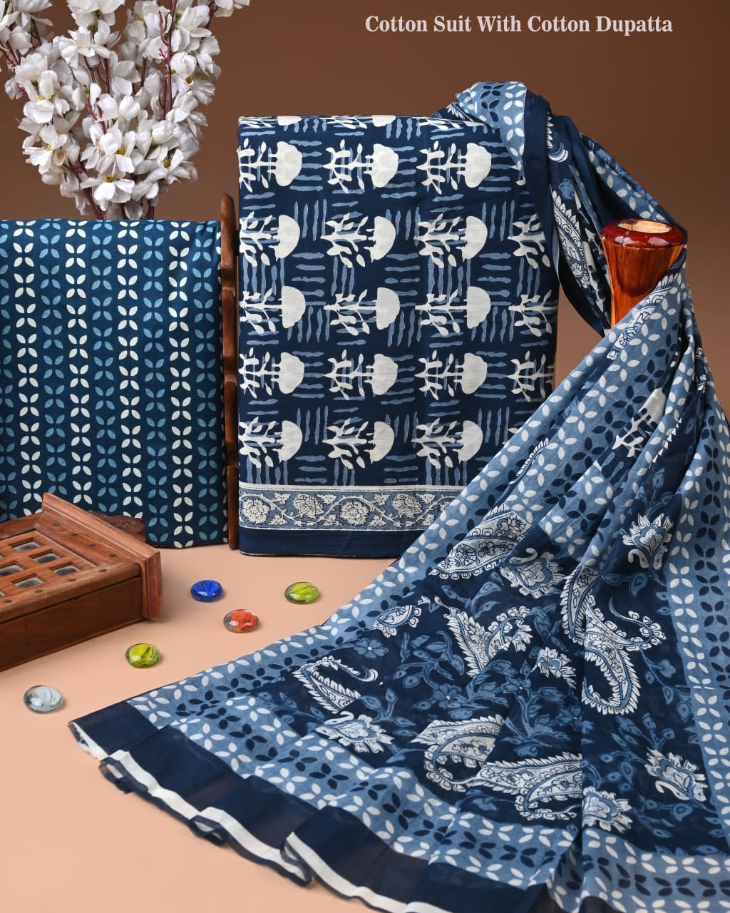 Designer Hand Block Print Cotton Suit Set with Mulmul Dupatta(WACOTMU156)