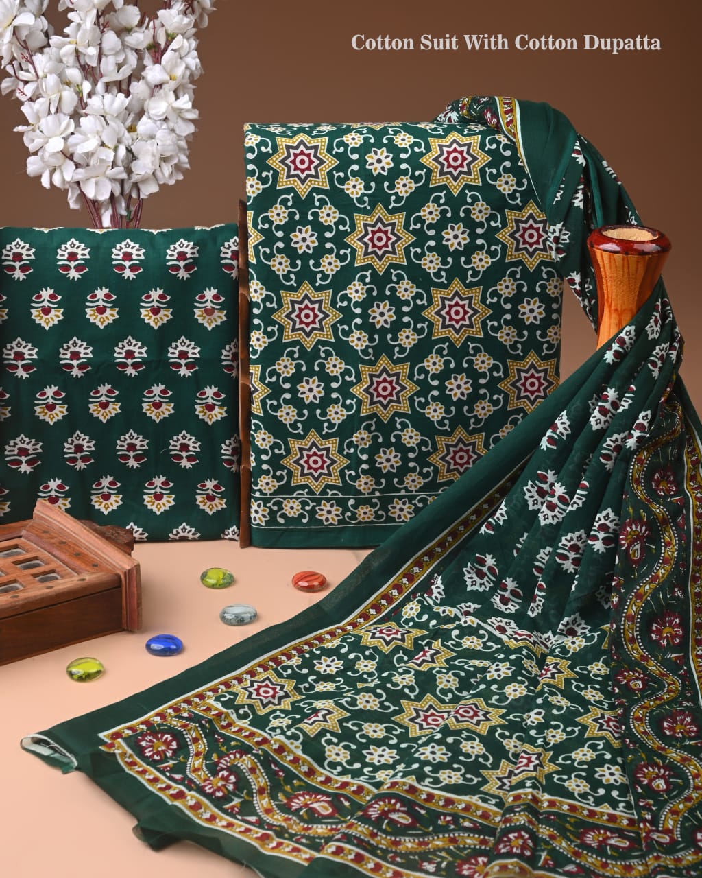 Designer Hand Block Print Cotton Suit Set with Mulmul Dupatta(WACOTMU153)