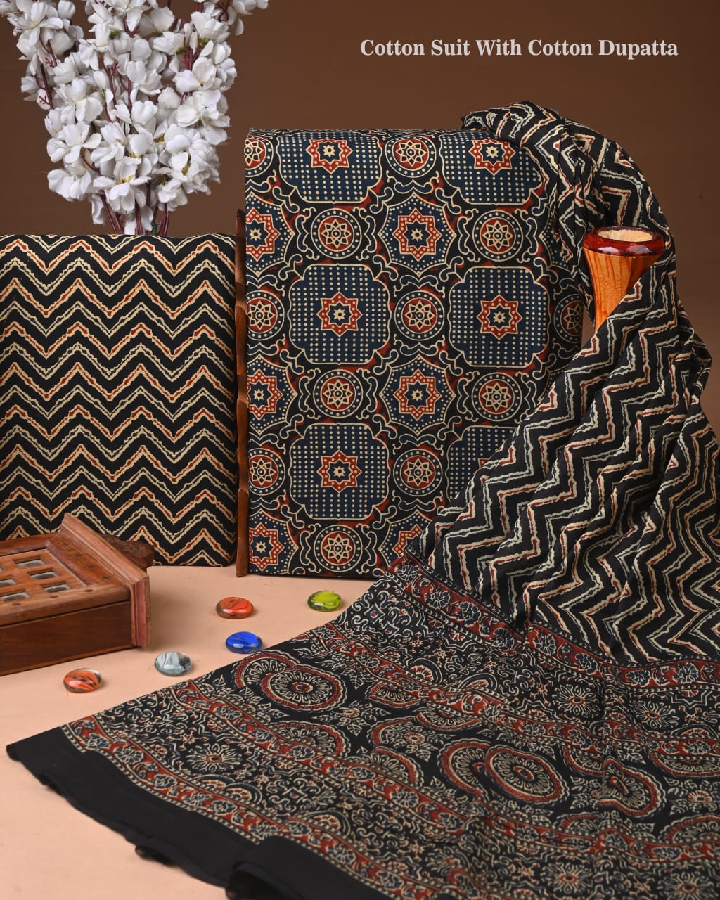 Designer Hand Block Print Cotton Suit Set with Mulmul Dupatta(WACOTMU152)