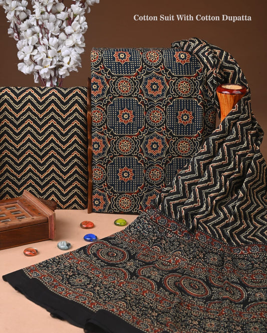 Designer Hand Block Print Cotton Suit Set with Mulmul Dupatta(WACOTMU152)