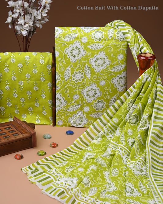 Designer Hand Block Print Cotton Suit Set with Mulmul Dupatta(WACOTMU187)