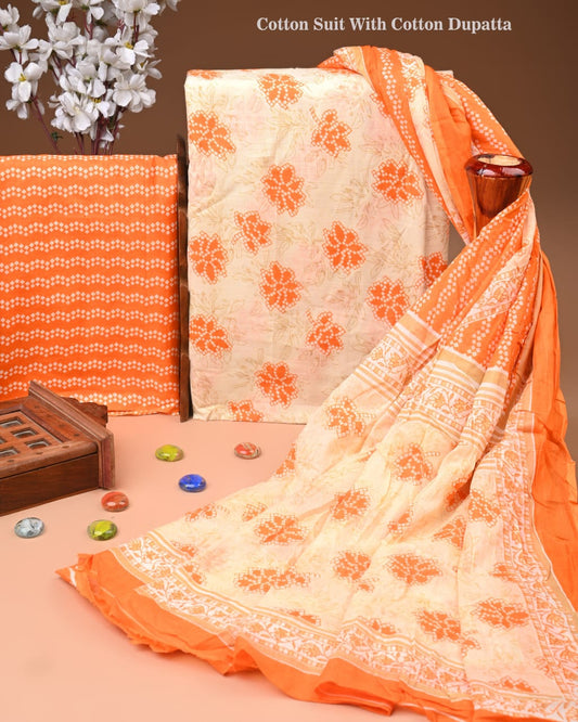 Designer Hand Block Print Cotton Suit Set with Mulmul Dupatta(WACOTMU182)