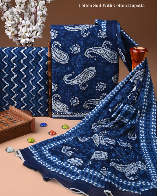 Designer Hand Block Print Cotton Suit Set with Mulmul Dupatta(WACOTMU176)
