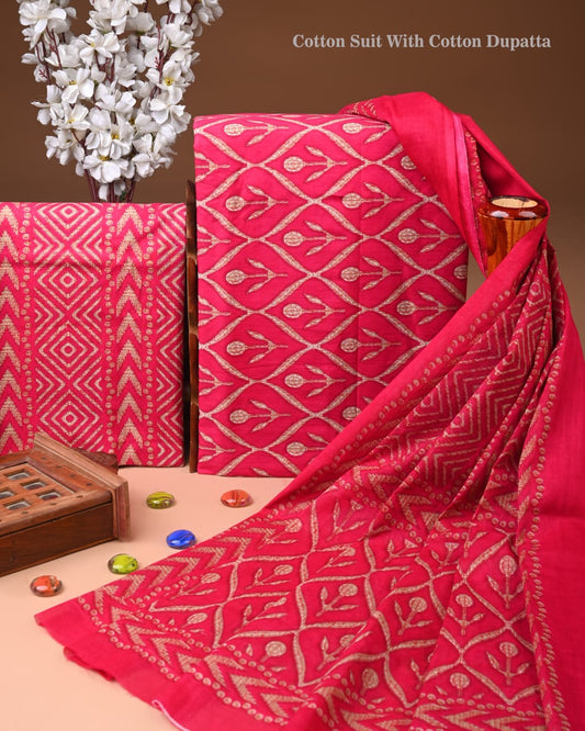 Designer Hand Block Print Cotton Suit Set with Mulmul Dupatta(WACOTMU177)