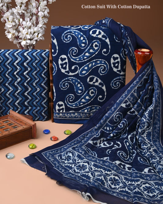 Designer Hand Block Print Cotton Suit Set with Mulmul Dupatta(WACOTMU175)