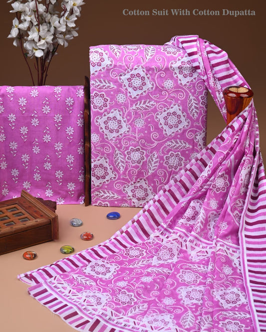 Designer Hand Block Print Cotton Suit Set with Mulmul Dupatta(WACOTMU173)