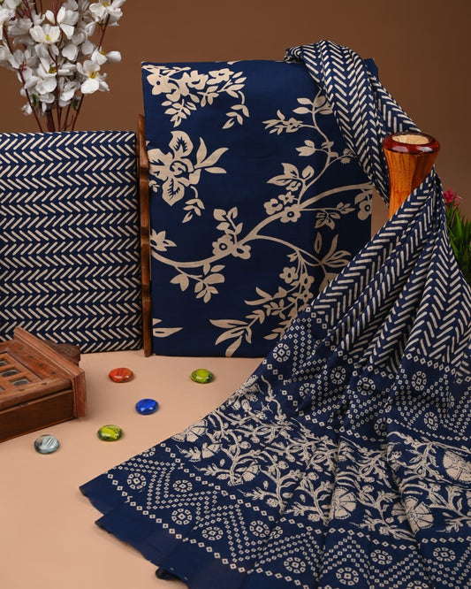 Designer Hand Block Print Cotton Suit Set with Mulmul Dupatta(WACOTMU172)