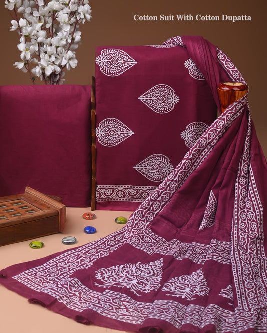 Designer Hand Block Print Cotton Suit Set with Mulmul Dupatta(WACOTMU170)