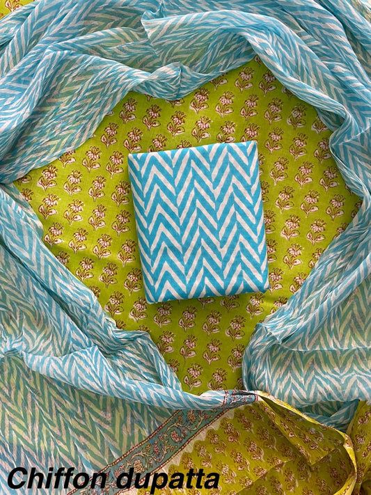 JAAL HAND BLOCK PRINT COTTON SUIT SET WITH CHIFFON DUPATTA(WACFCOTMU05)