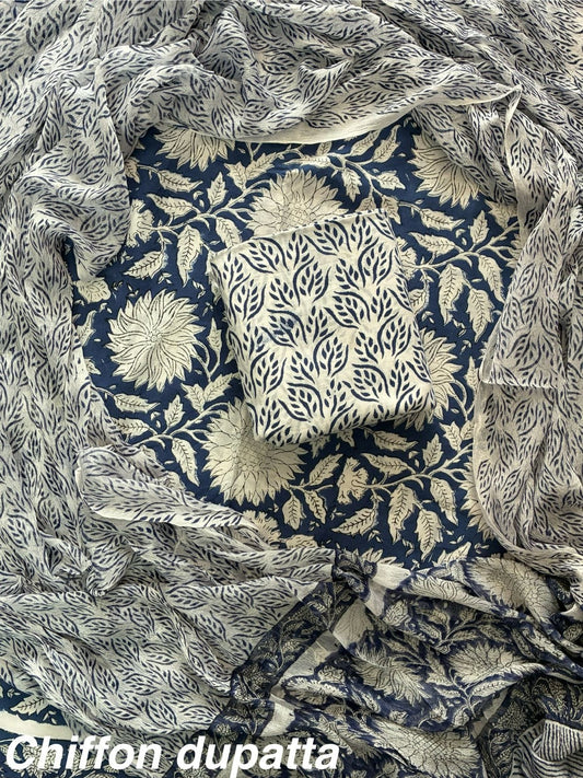 New Premium Hand Block Print Cotton Suit Set with Chiffon Dupatta(WACFCOTMU18)