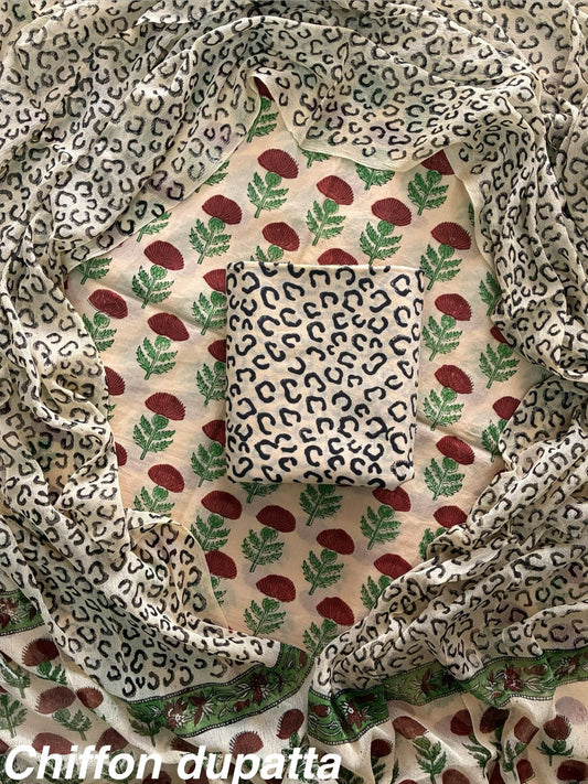 New Premium Hand Block Print Cotton Suit Set with Chiffon Dupatta(WACFCOTMU15)