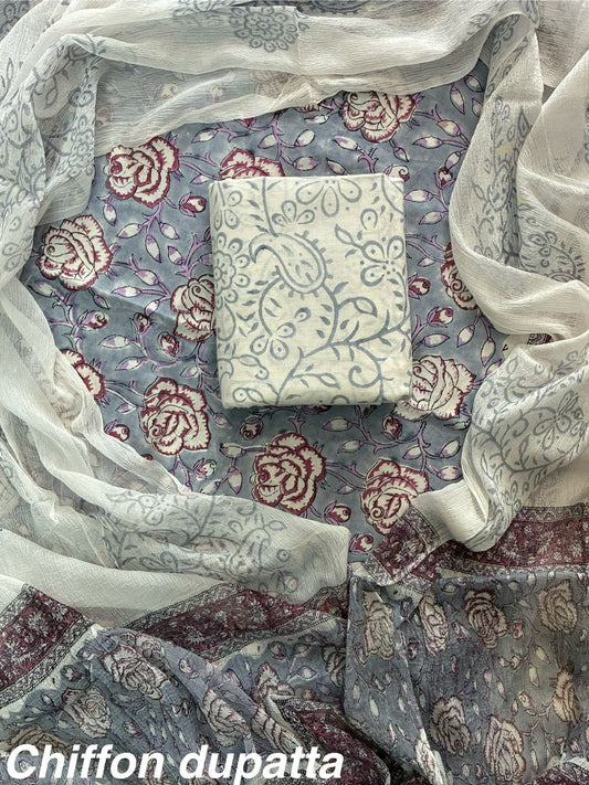 JAAL HAND BLOCK PRINT COTTON SUIT SET WITH CHIFFON DUPATTA(WACFCOTMU129)