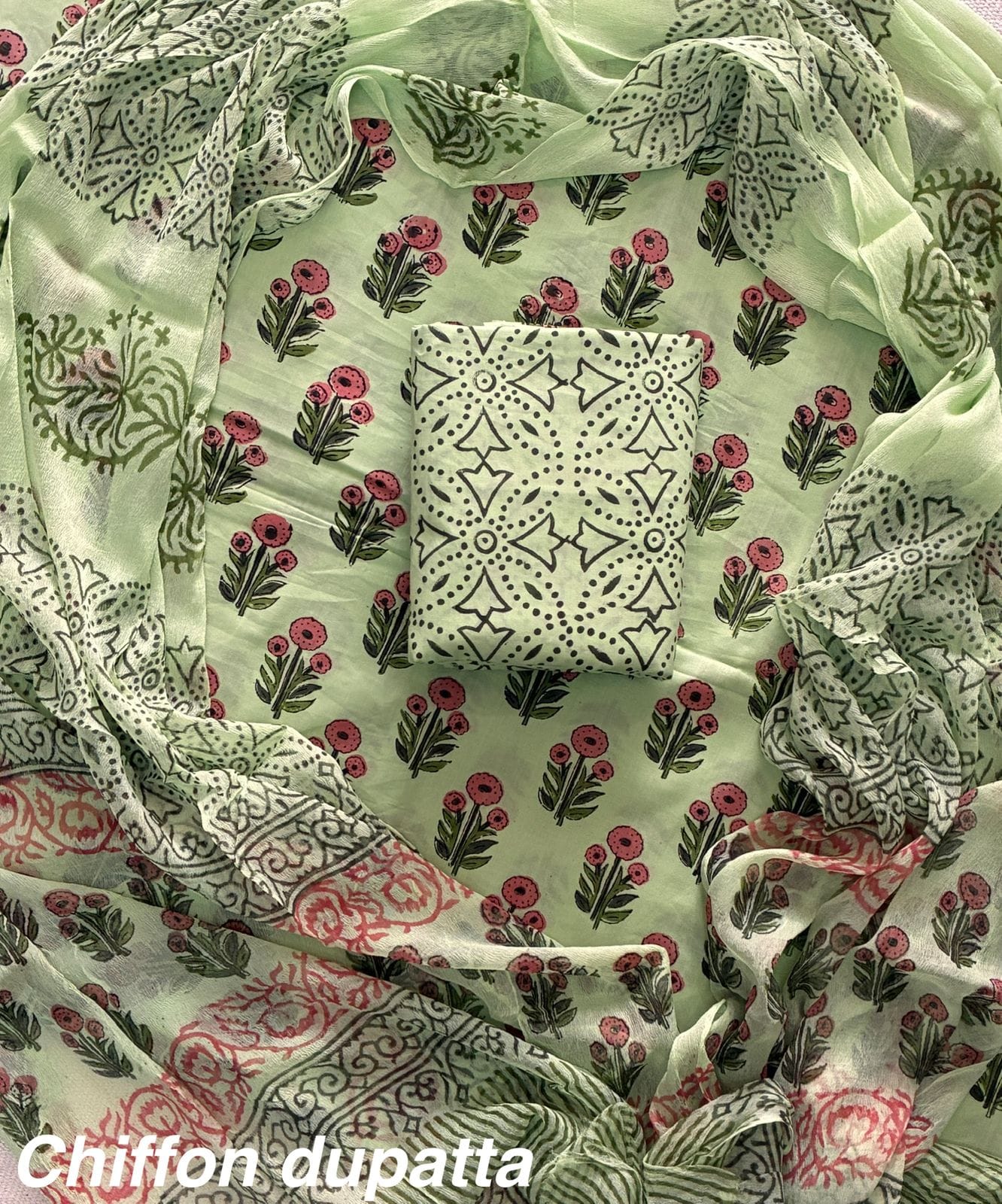 JAAL HAND BLOCK PRINT COTTON SUIT SET WITH CHIFFON DUPATTA(WACFCOTMU117)