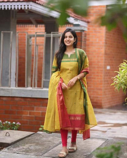 Crafted from pure Kanchi cotton, this elegant yellow ensemble is designed with love and rooted in South Indian cultural artistry. (RRRD11)
