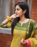 Crafted from pure Kanchi cotton, this elegant yellow ensemble is designed with love and rooted in South Indian cultural artistry. (RRRD11)