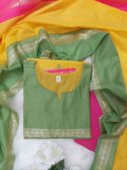 Crafted from pure Kanchi cotton, this elegant yellow ensemble is designed with love and rooted in South Indian cultural artistry. (RRRD11)