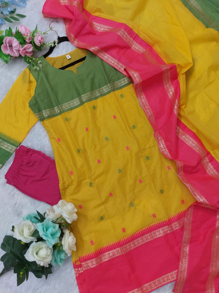 Crafted from pure Kanchi cotton, this elegant yellow ensemble is designed with love and rooted in South Indian cultural artistry. (RRRD11)
