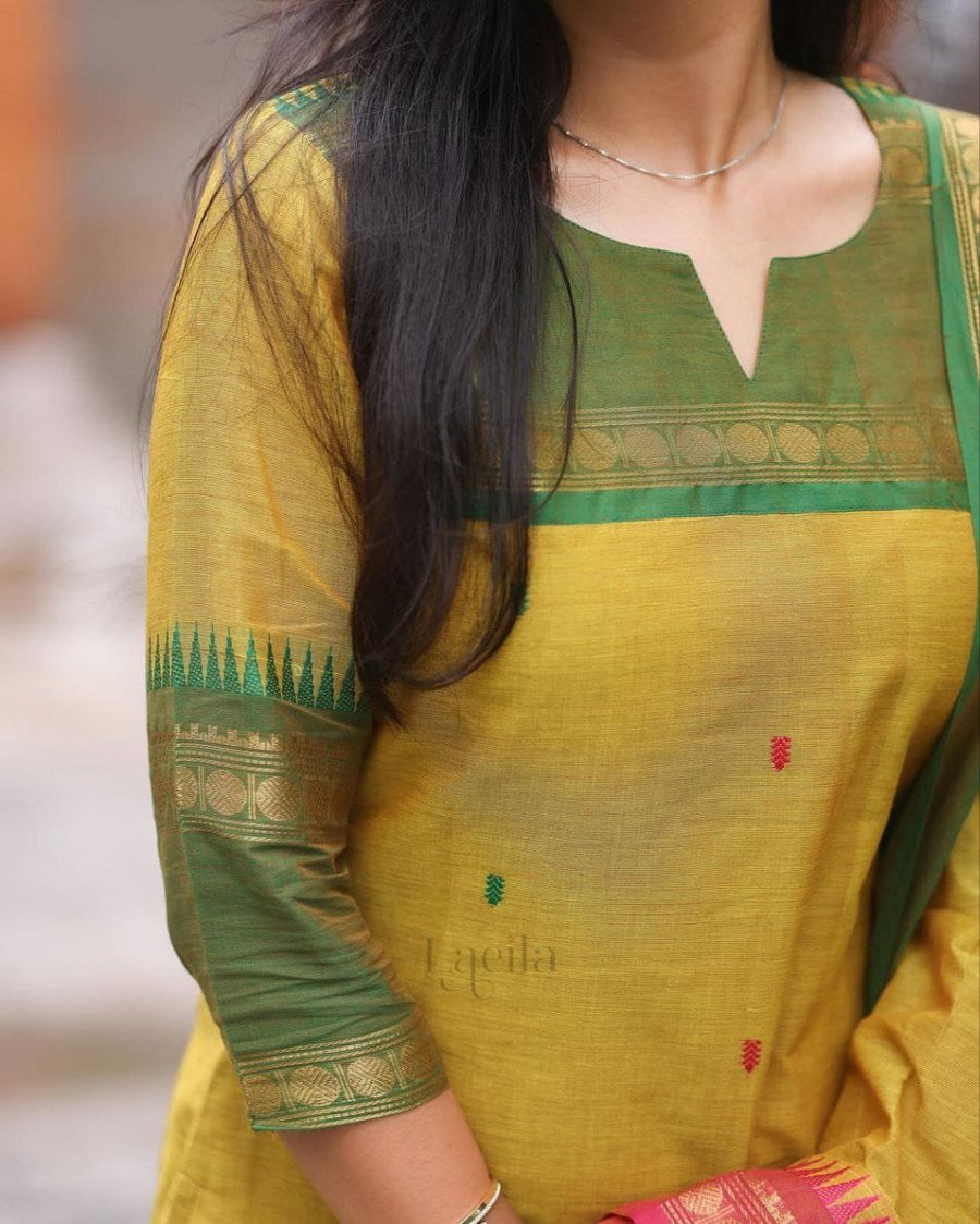 Crafted from pure Kanchi cotton, this elegant yellow ensemble is designed with love and rooted in South Indian cultural artistry. (RRRD11)