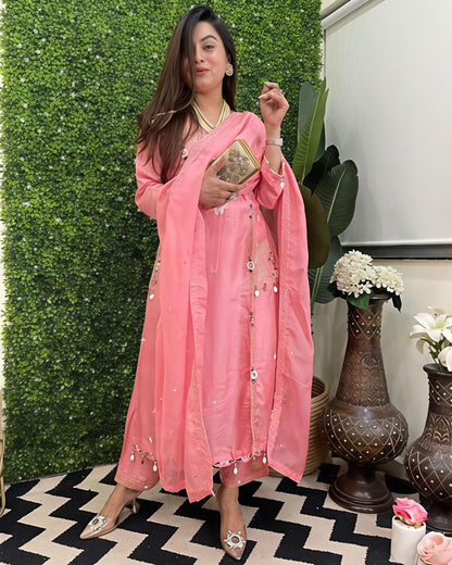 Featuring beautifully Crafted Pure Roman Silk Suits in beautiful Colours, which are decorated with finest sequence & Cowry Embroidery Work (RRRD02)