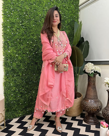 Featuring beautifully Crafted Pure Roman Silk Suits in beautiful Colours, which are decorated with finest sequence & Cowry Embroidery Work (RRRD02)