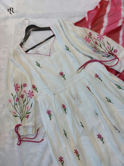 Elegant Design Premium Roman Silk Anrakali Suit set With Nazmin Dupatta And Dori and Kodi on sleeve for adjustment Embroidery work on all Over kurti and Sleeve. (RRRD12)