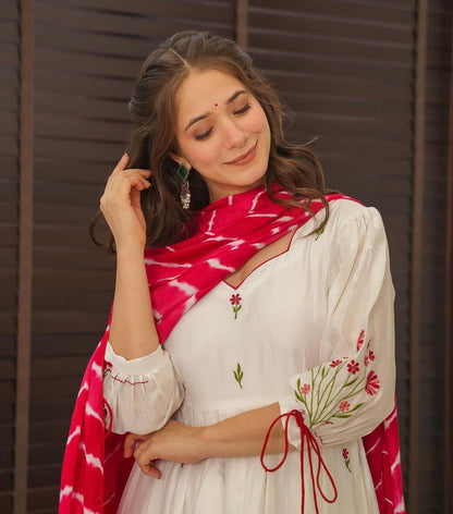 Elegant Design Premium Roman Silk Anrakali Suit set With Nazmin Dupatta And Dori and Kodi on sleeve for adjustment Embroidery work on all Over kurti and Sleeve. (RRRD12)