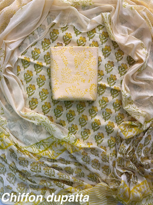 JAAL HAND BLOCK PRINT COTTON SUIT SET WITH CHIFFON DUPATTA(WACFCOTMU05)