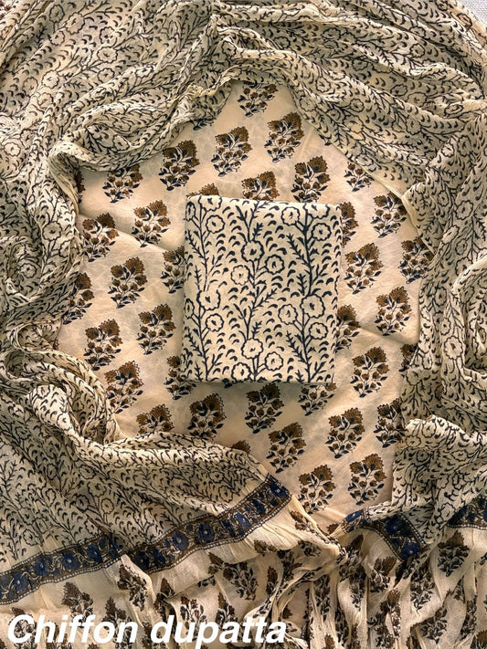 JAAL HAND BLOCK PRINT COTTON SUIT SET WITH CHIFFON DUPATTA(WACFCOTMU09)