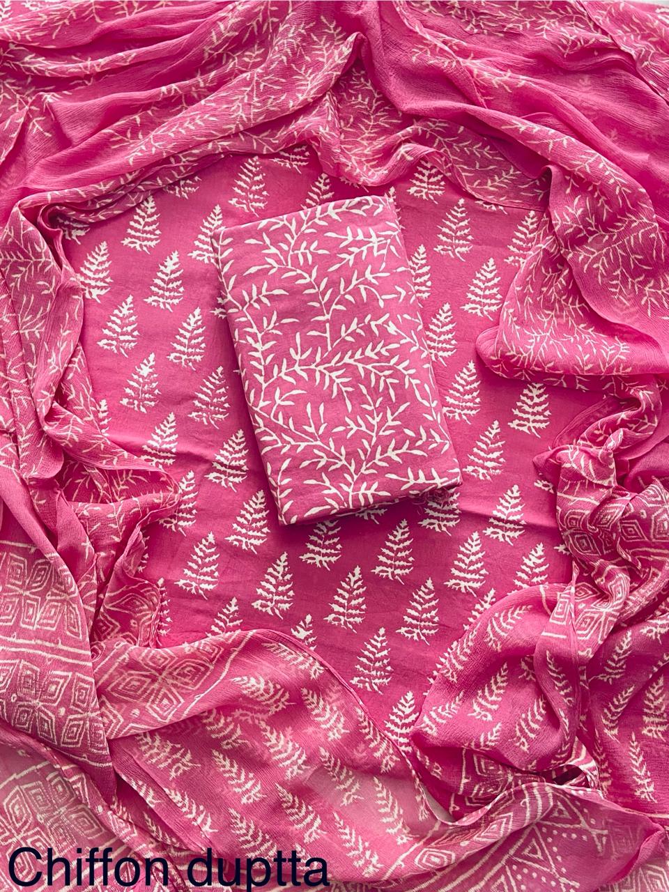 JAAL HAND BLOCK PRINT COTTON SUIT SET WITH CHIFFON DUPATTA(WACFCOTMU41)