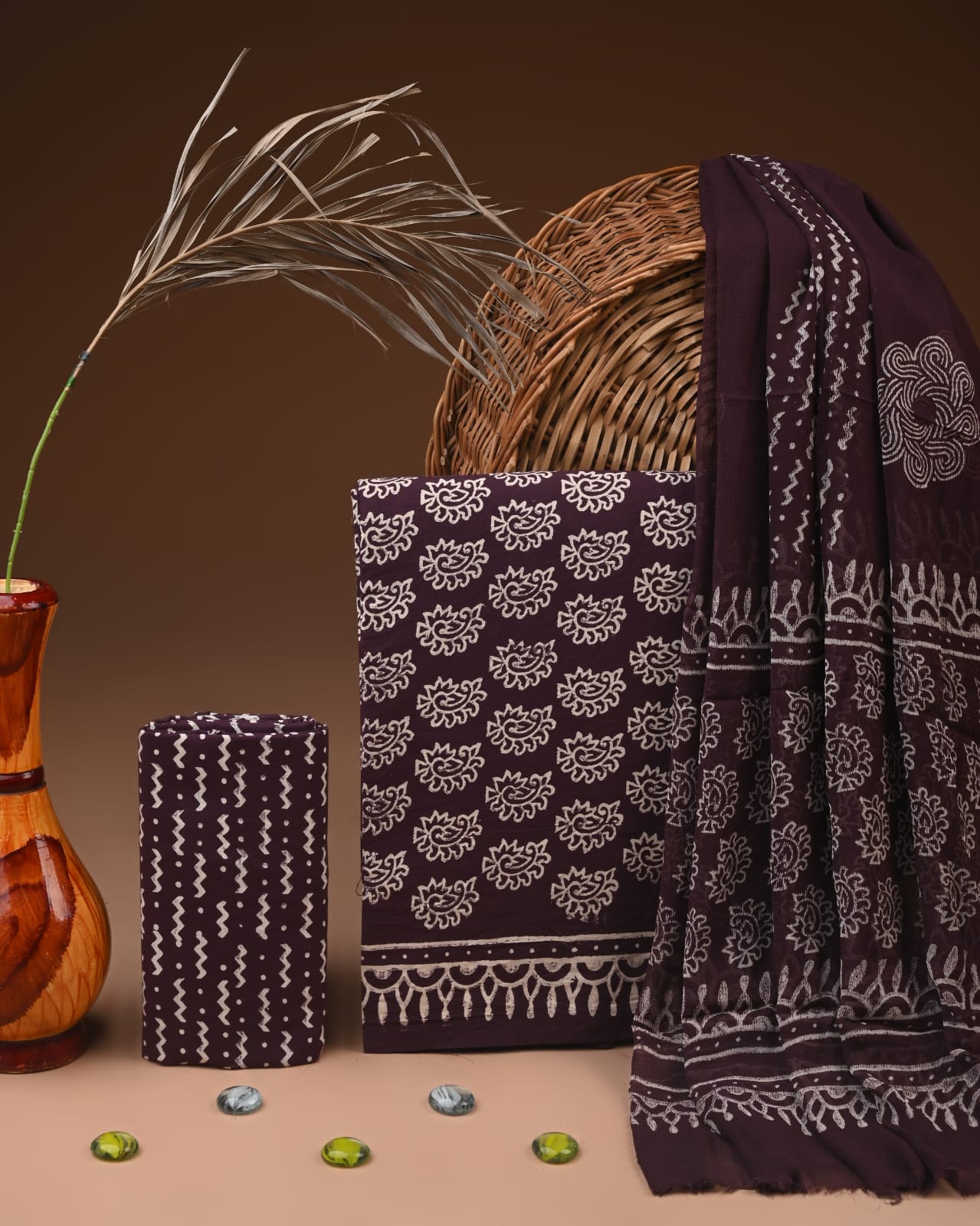 JAAL HAND BLOCK PRINT COTTON SUIT SET WITH CHIFFON DUPATTA(WACFCOTMU83)