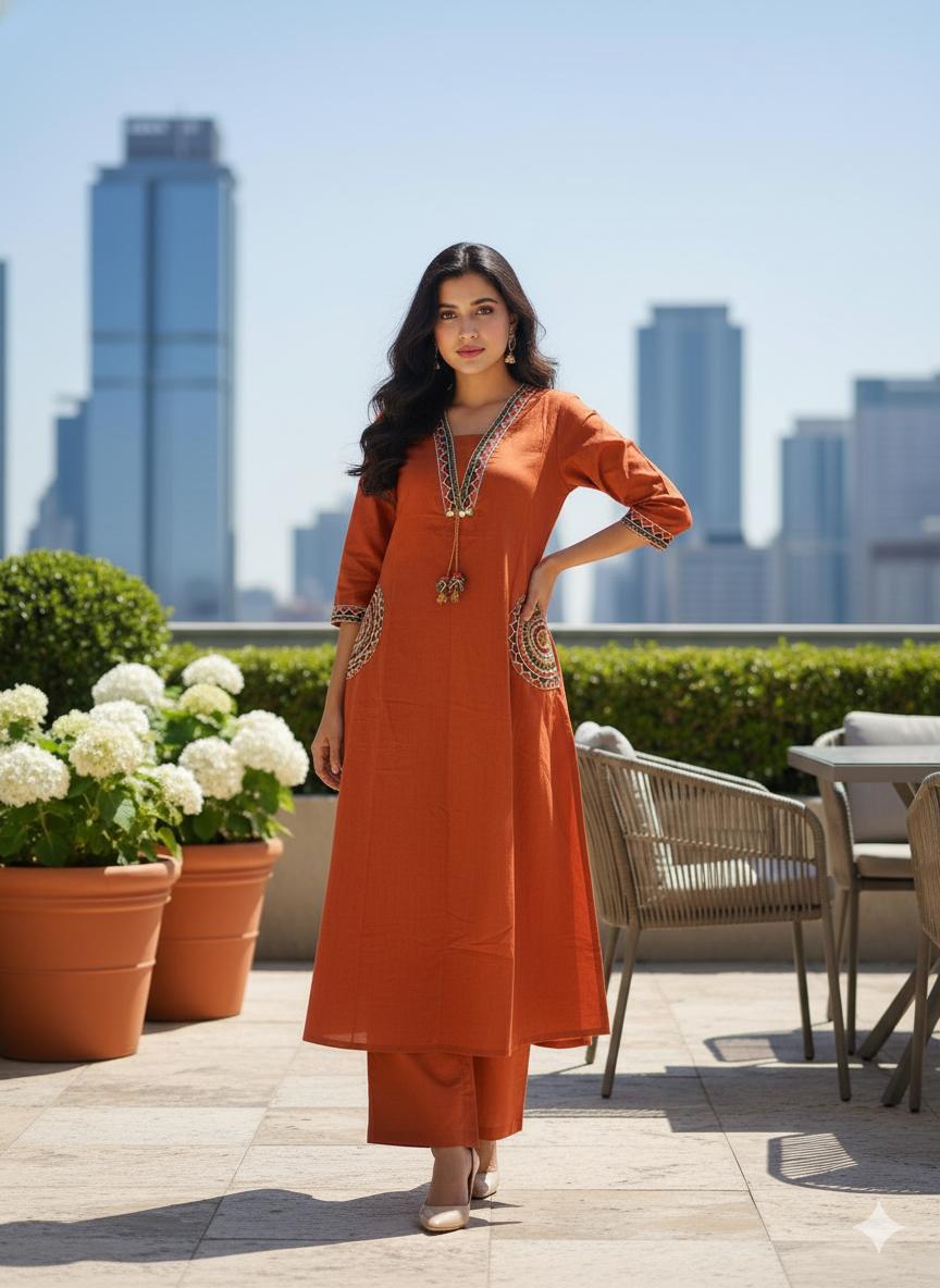 🌹🌹 fine Cotton flex fabric beautiful embroidery on neck, sleeves, pocket Kurti with plazo with cotton cotton flex🌹🌹 (SWSK03)