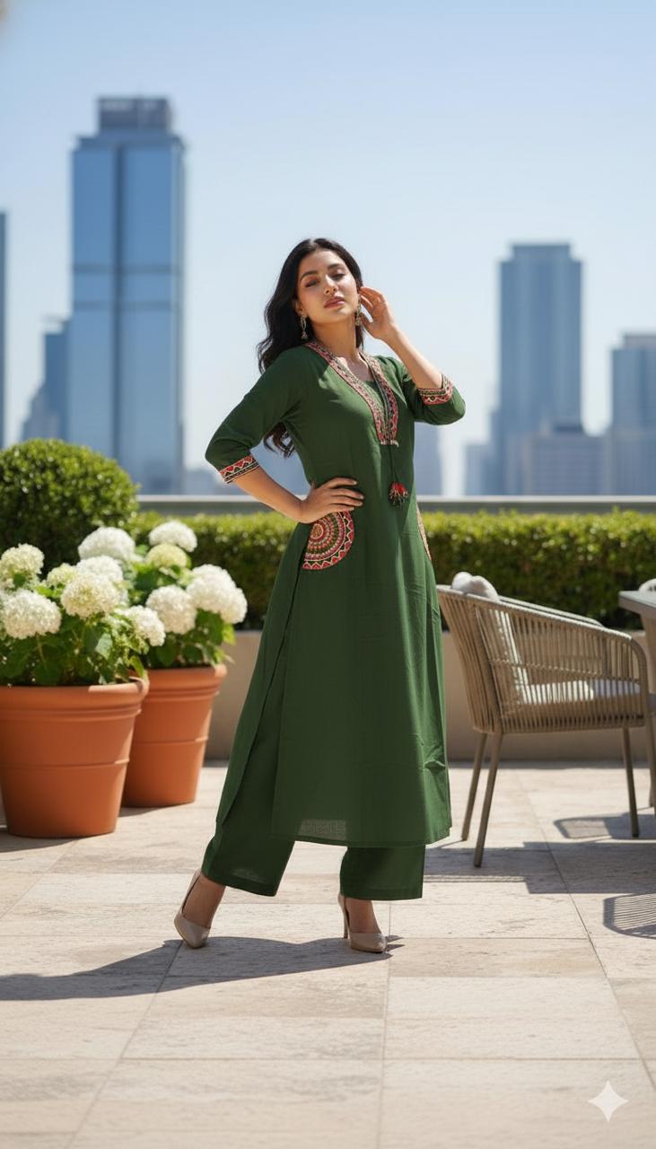 🌹🌹 fine Cotton flex fabric beautiful embroidery on neck, sleeves, pocket Kurti with plazo with cotton cotton flex🌹🌹 (SWSK03)