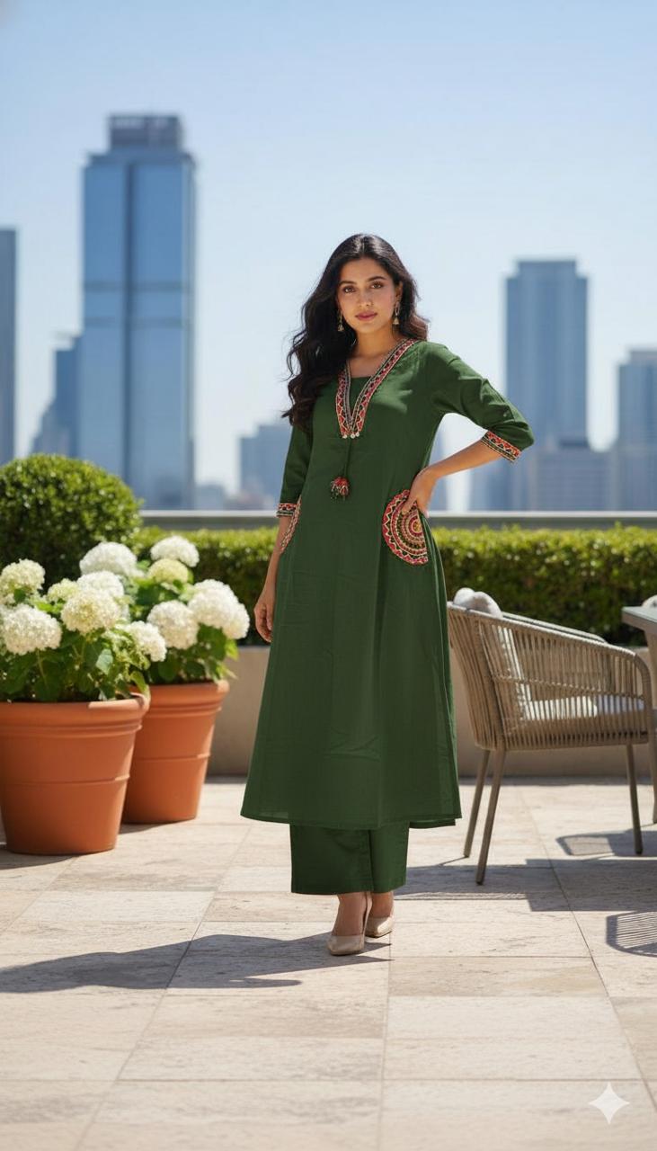 🌹🌹 fine Cotton flex fabric beautiful embroidery on neck, sleeves, pocket Kurti with plazo with cotton cotton flex🌹🌹 (SWSK03)