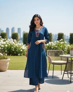 🌹🌹 fine Cotton flex fabric beautiful embroidery on neck, sleeves, pocket Kurti with plazo with cotton cotton flex🌹🌹 (SWSK03)