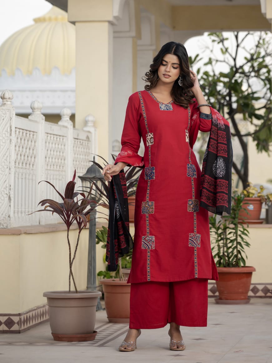 Beautifull straight petan set with beautiful pech work and hand katha work on all over kurti (SWSK11)
