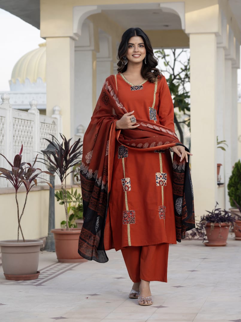 Beautifull straight petan set with beautiful pech work and hand katha work on all over kurti (SWSK11)