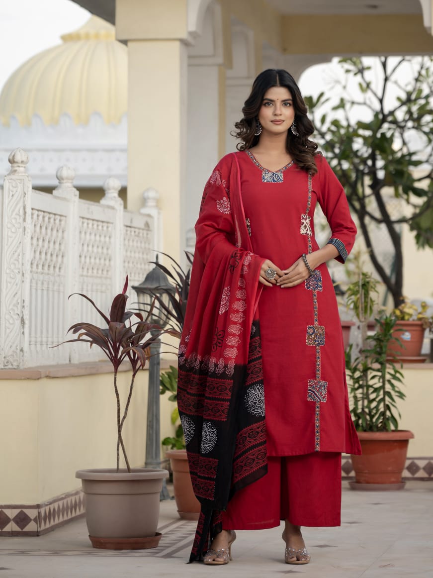 Beautifull straight petan set with beautiful pech work and hand katha work on all over kurti (SWSK11)