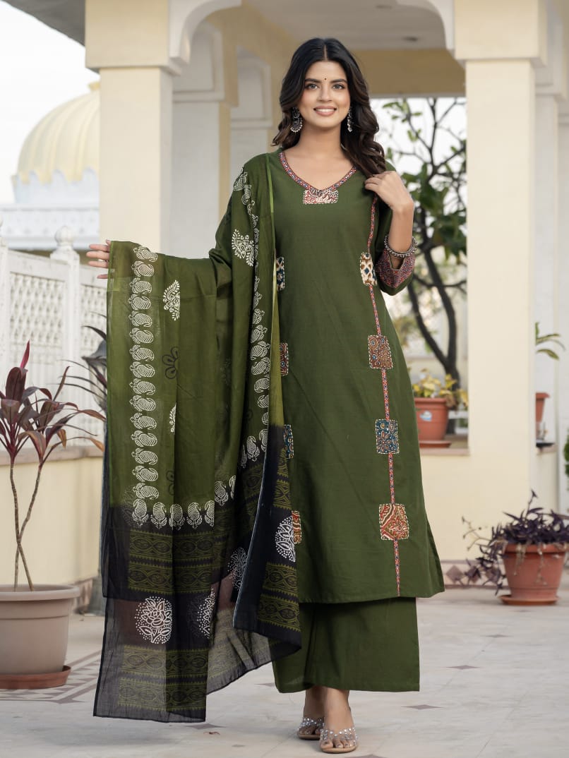Beautifull straight petan set with beautiful pech work and hand katha work on all over kurti (SWSK11)