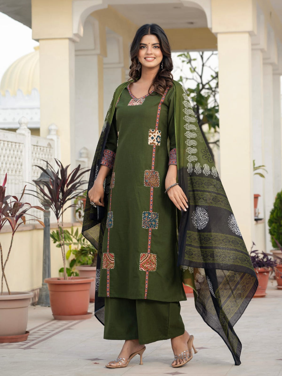 Beautifull straight petan set with beautiful pech work and hand katha work on all over kurti (SWSK11)