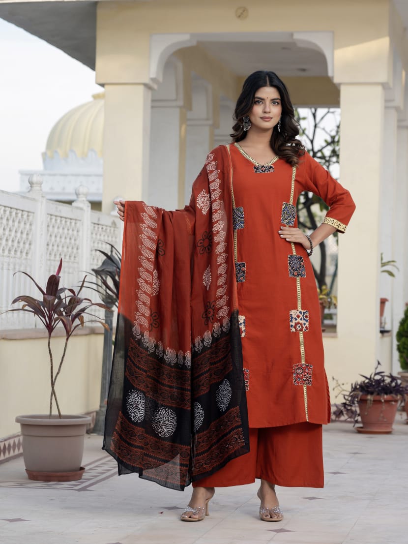 Beautifull straight petan set with beautiful pech work and hand katha work on all over kurti (SWSK11)