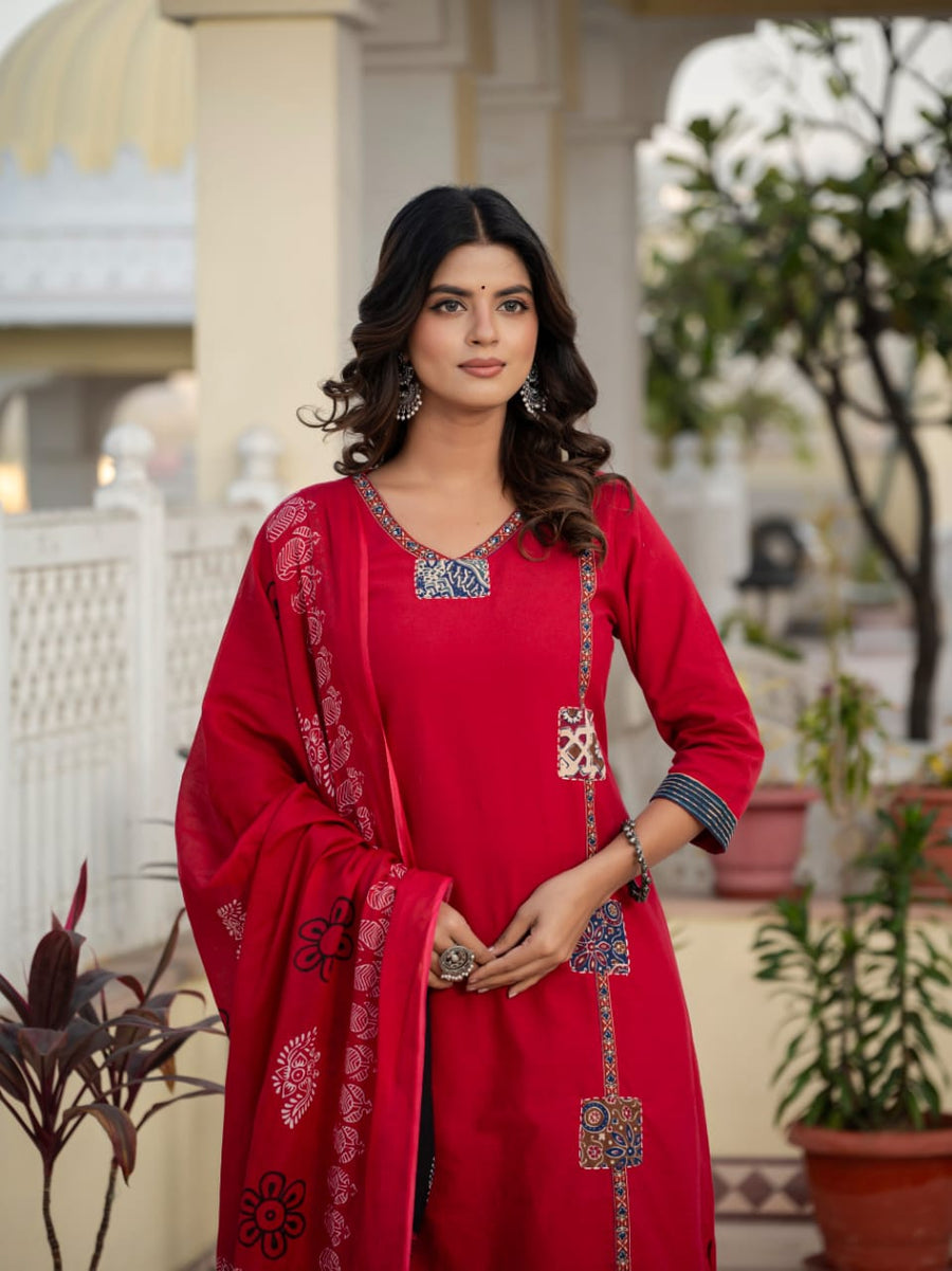 Beautifull straight petan set with beautiful pech work and hand katha work on all over kurti (SWSK11)