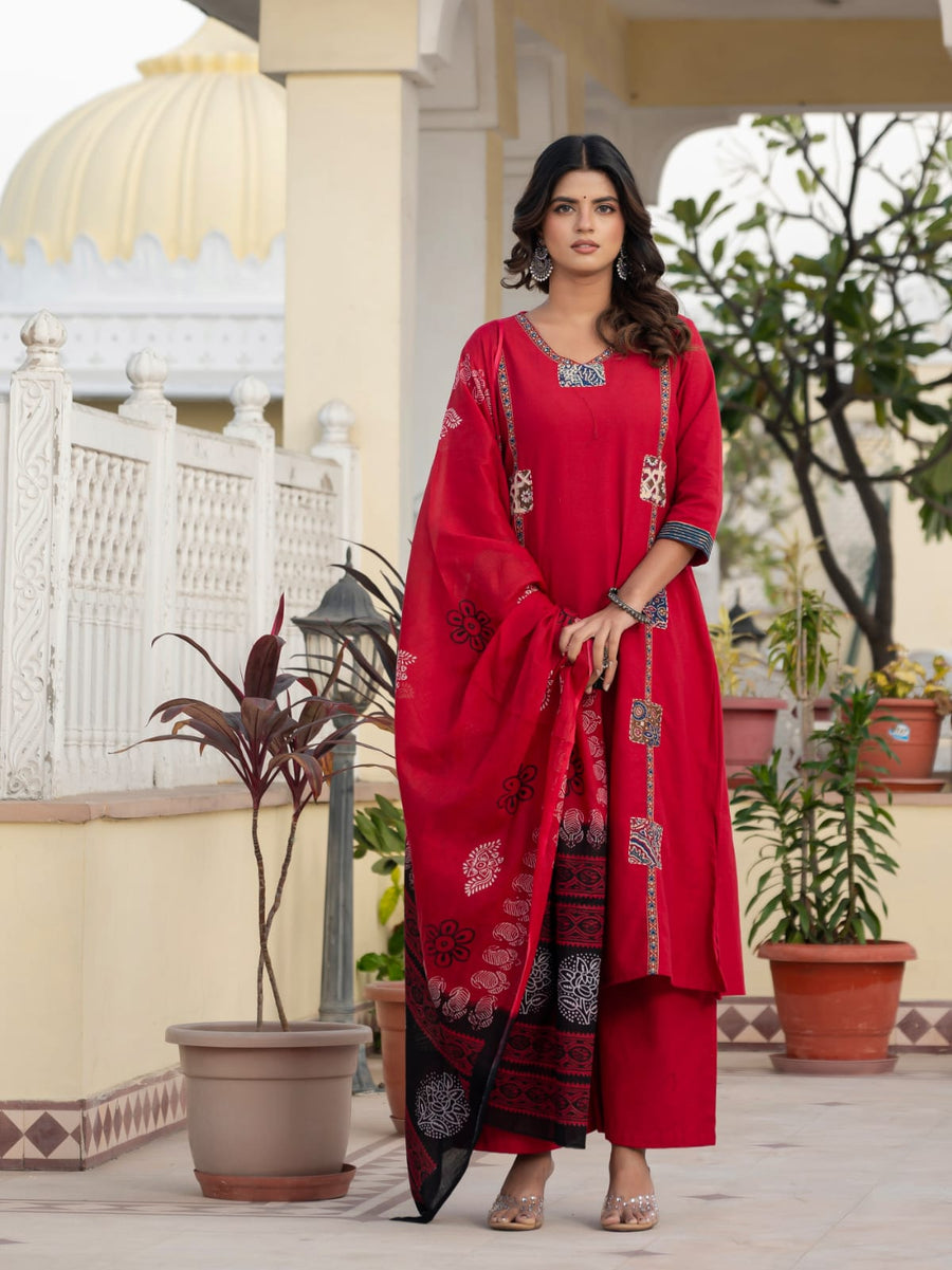Beautifull straight petan set with beautiful pech work and hand katha work on all over kurti (SWSK11)