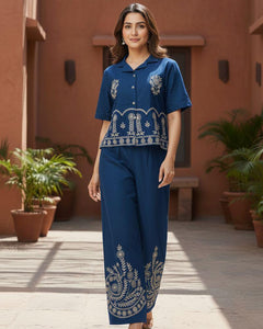 Designer Cotton Co-ord Set Shirt With Elegant Thread Embroidery Paired Flared Plazoo With Embroidery & Pockets (SWSK17)
