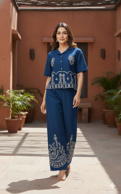 Designer Cotton Co-ord Set Shirt With Elegant Thread Embroidery Paired Flared Plazoo With Embroidery & Pockets (SWSK17)