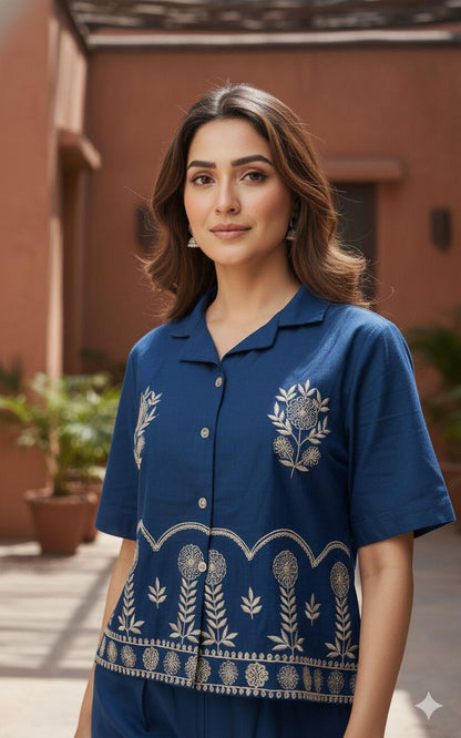 Designer Cotton Co-ord Set Shirt With Elegant Thread Embroidery Paired Flared Plazoo With Embroidery & Pockets (SWSK17)