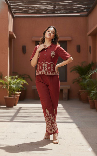 Designer Cotton Co-ord Set Shirt With Elegant Thread Embroidery Paired Flared Plazoo With Embroidery & Pockets (SWSK17)