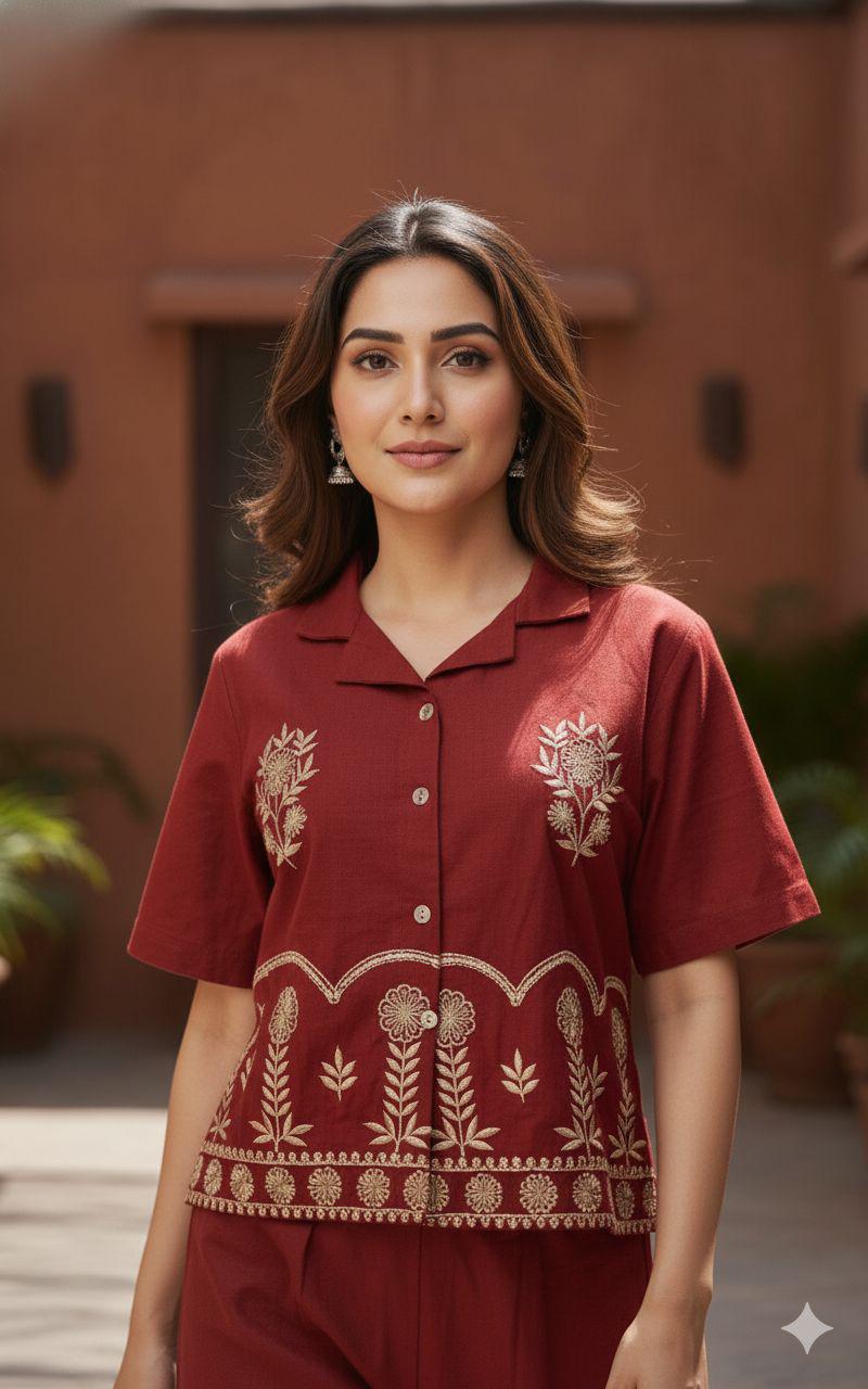 Designer Cotton Co-ord Set Shirt With Elegant Thread Embroidery Paired Flared Plazoo With Embroidery & Pockets (SWSK17)